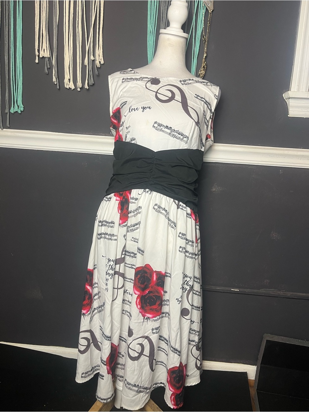 White Midi Dress with Red Rose & Musical Print size large